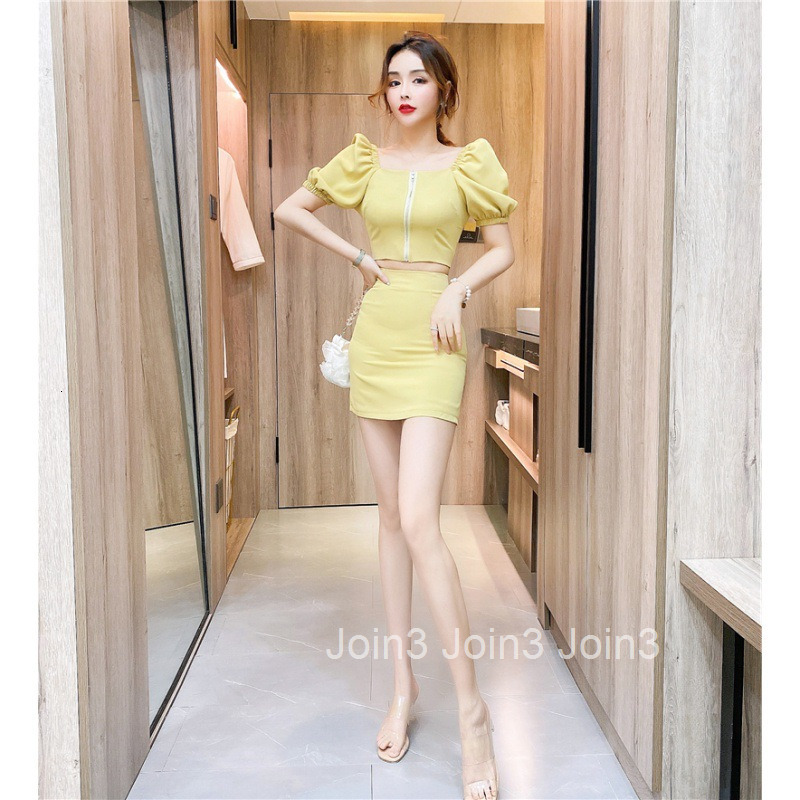 Summer New Fashion Internet Celebrity Style Square Neck Zipper Short Sleeve Top + Bodycon Short Skirt Set