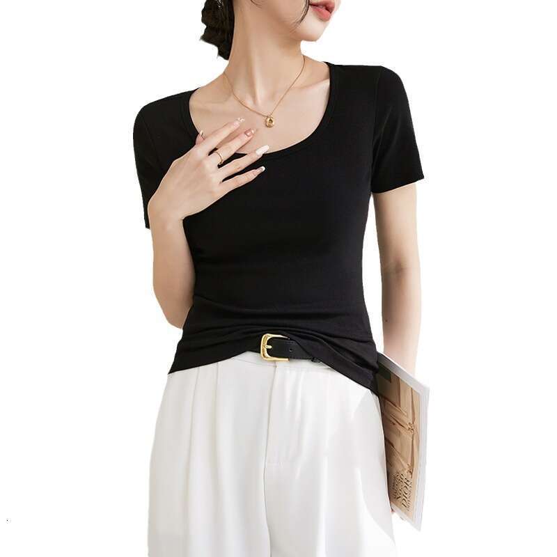 sxzy French Style Square Round Neck Base Layer High-End Feel High Elastic Cotton Short Sleeve T-Shirt for Women 2025 Spring Summer New Pullover Slim F