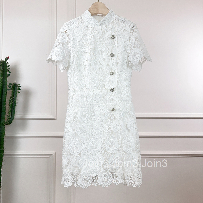 Summer New Style New Socialite Chinese Style Small Fragrance Style Stand Collar Elegant Embroidered Floral Hollow Waist Slimming Short Sleeve Dress