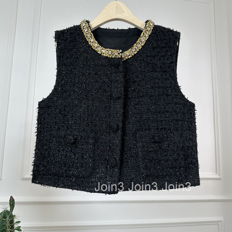 New Heavy Craft Small Fragrance Style Short Vest Womens Top Gentle Fashion Age-Reducing Round Neck Rhinestone Vest Jacket Women