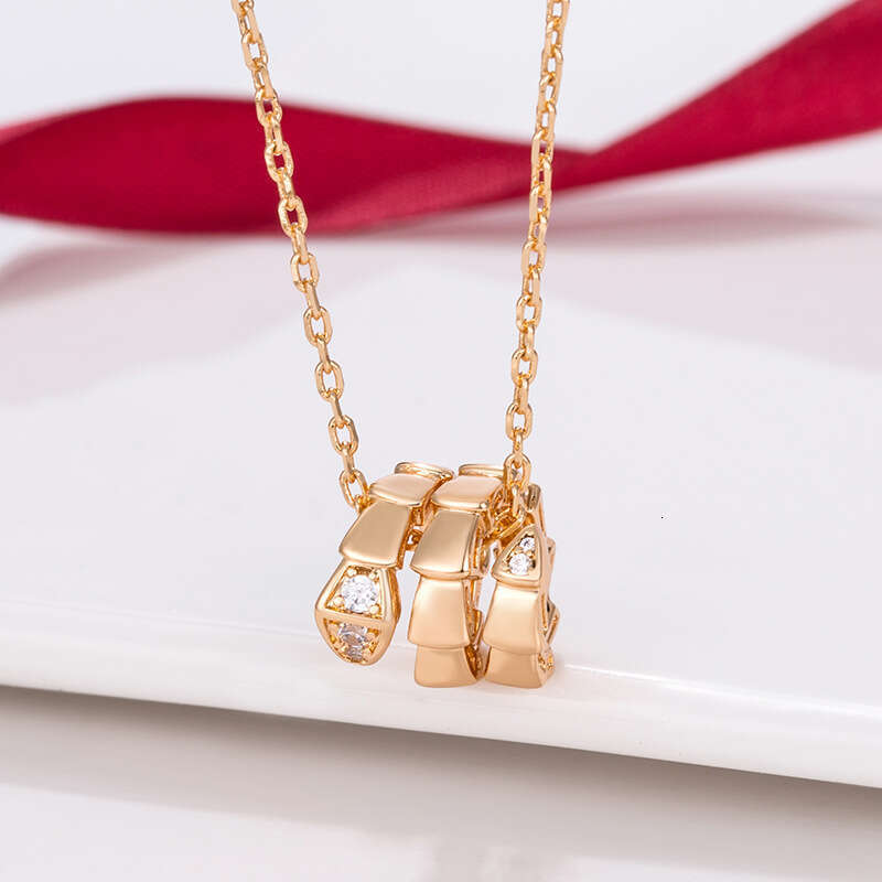 V Circle Head and Tail Smooth Snake Bone Necklace for Women, Rose Gold Plated, Fully Inlaid with Dias, Snake-Shaped Double Ring Pendant Trendy