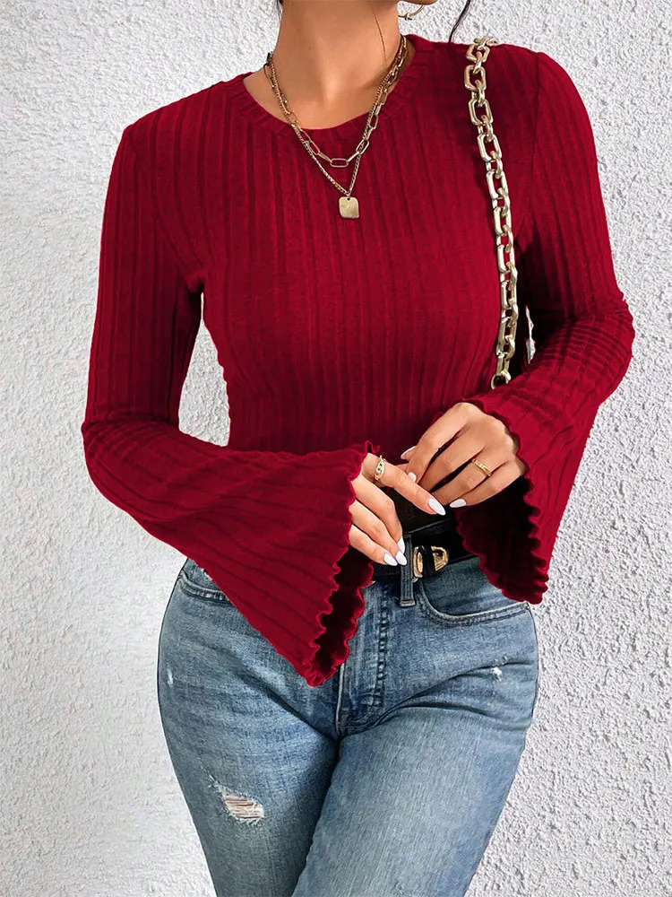 Women Tshirt Autumn Fashion Streetwear Oneck Casual Slim Long Sleeves Sexy Red Tees Elegant Female Versatile Top Clothing 250729