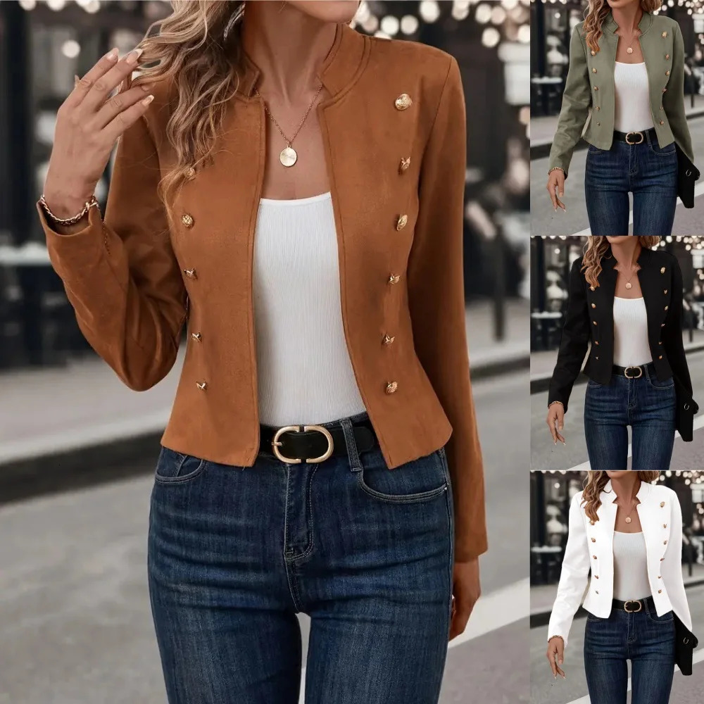 Women Jacket Stand Collar Long Sleeve Double Breasted Short Suit Coat Solid Color Business Outerwear 250729