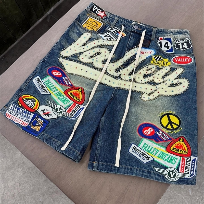 Y2k Composite Hiphop Cartoon Patchwork Jeans Shorts Sweatpants Women Shorts Streetwear Jean Blue Loose Short Casual Pattern Jean 250728