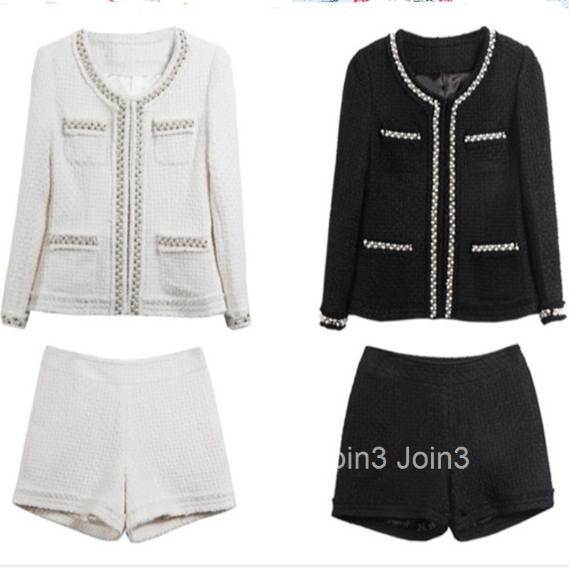 New Autumn Winter Tweed Fashion Long Sleeve Short Coat Heavy Beading Elegant Slim Fit Outerwear Trendy