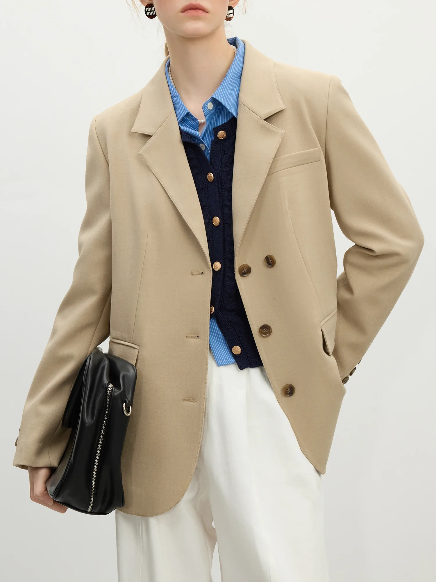 FSLE Women Khaki Blazer Spring Office Lady Black Simple Loose Front Shoulder Coats Button n Coat 25FS11071 250729