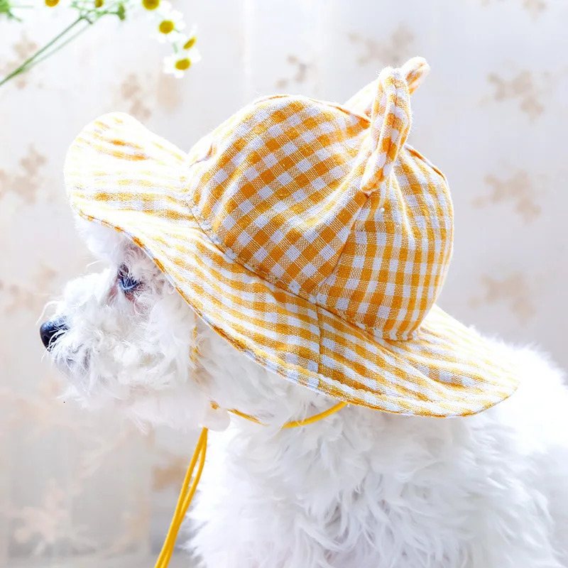 Multiple Color Options Pet Accessories Hat Teddy Bear Sunshade Dog Small Ear Grid Sun Cute UV Protection Outdoor Walking 250729