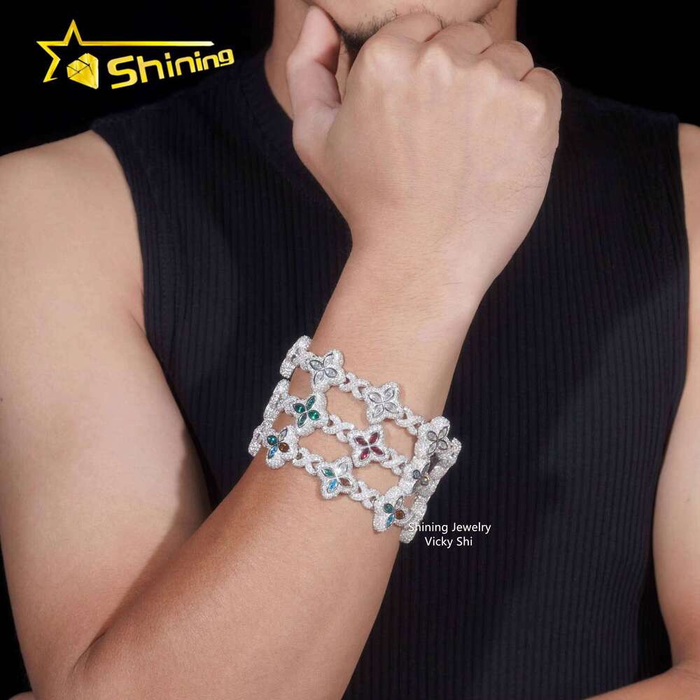 Men's Trendy Pure Sier Iced Hip-Hop Infinity Clover Silicon Stone Cuban Bracelet