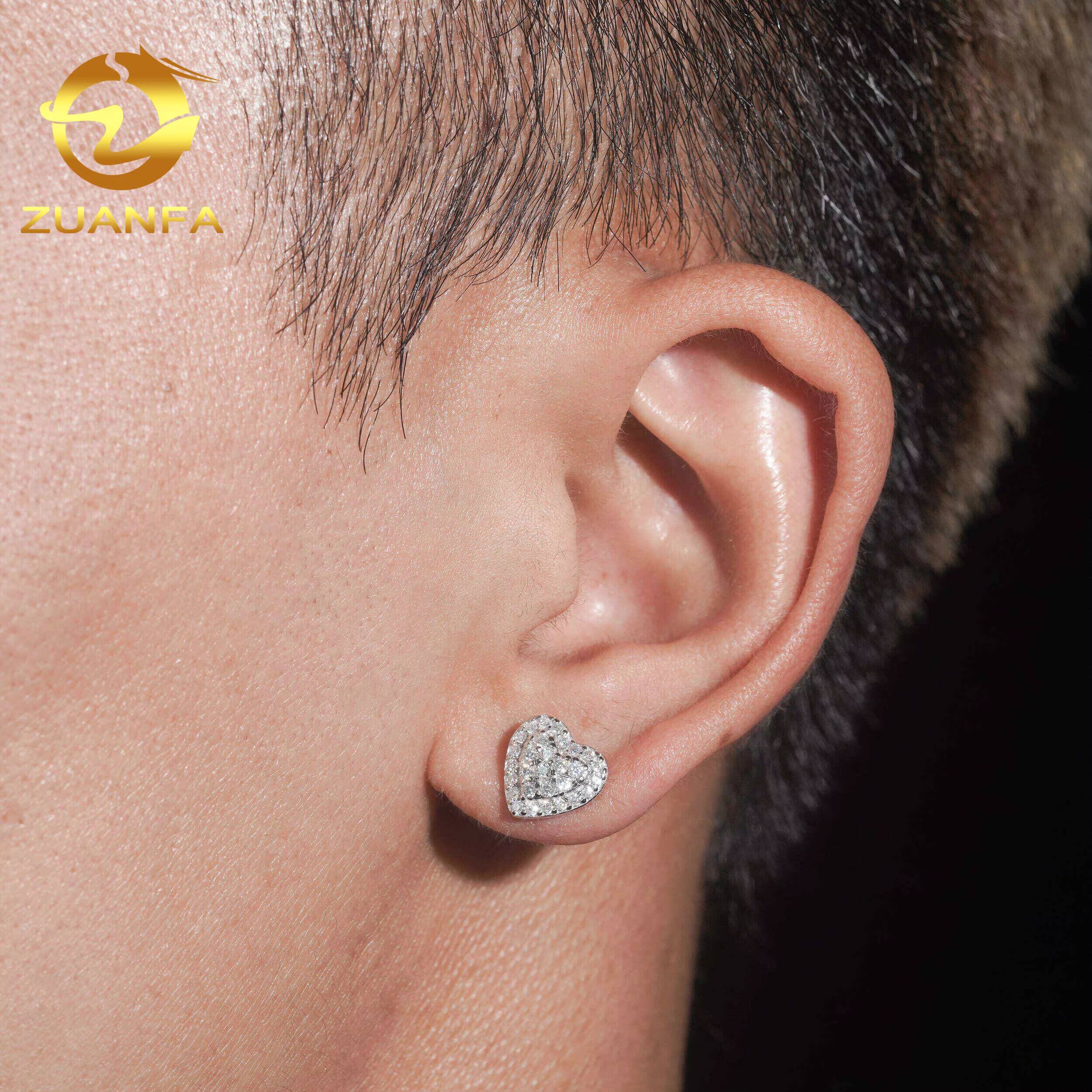 10mm Fashion Heart Shape Stud Earrings Cluster Moissanite Diamond 925 Sterling Silver Hip Hop Earrings Screw Back Men Earrings