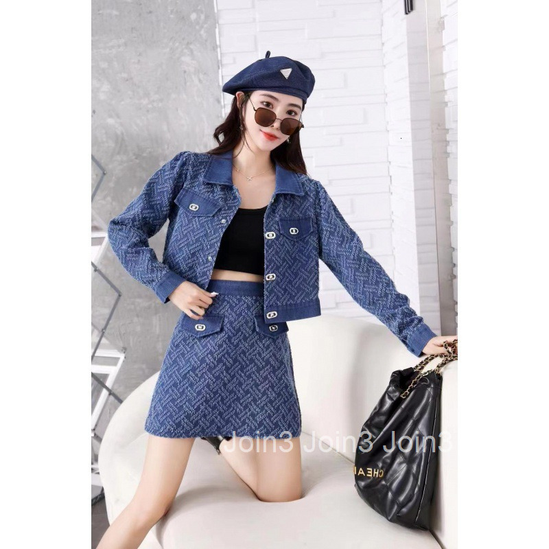 Autumn New Fashion Slimming Floral Denim Long Sleeve Short Jacket Top Shirt High Waist Half Skirt Set