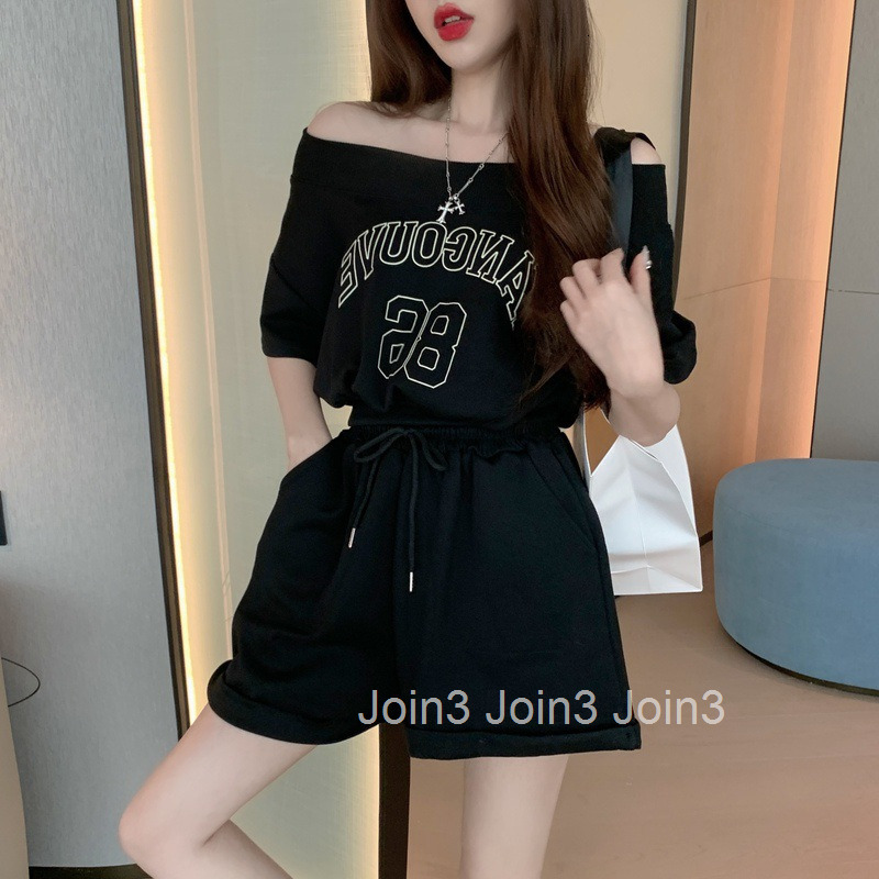 Summer New Fashion Casual Sports Mid-Sleeve Sweatshirt T-Shirt + Elastic Waist Wide-Leg Shorts Set for Women