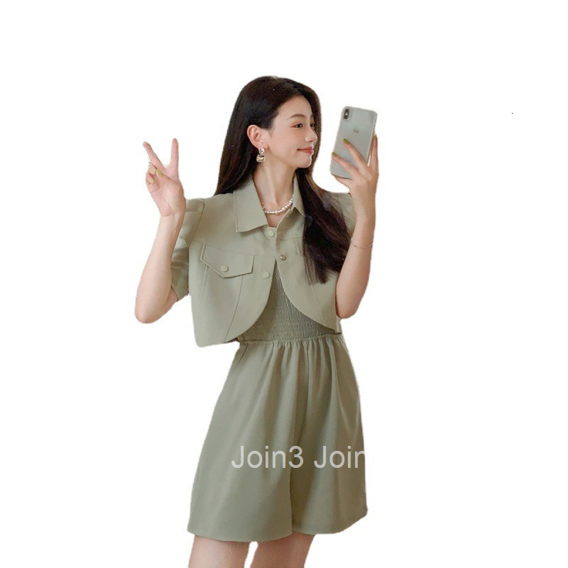 Summer New Short Sleeve Cardigan Top Small Jacket + Waist Slimming Strap Jumpsuit Two-Piece Set