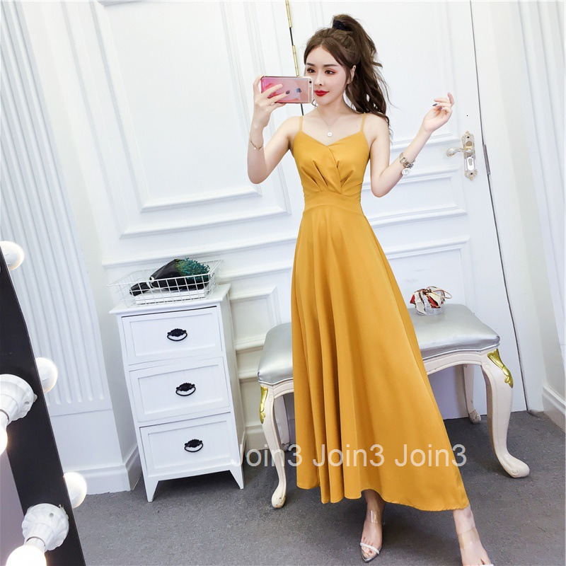 Summer New Fashion Womens Fashion Strap Waist-Cinching Long Dress Large Hem Sleeveless Slim Dress Solid Color