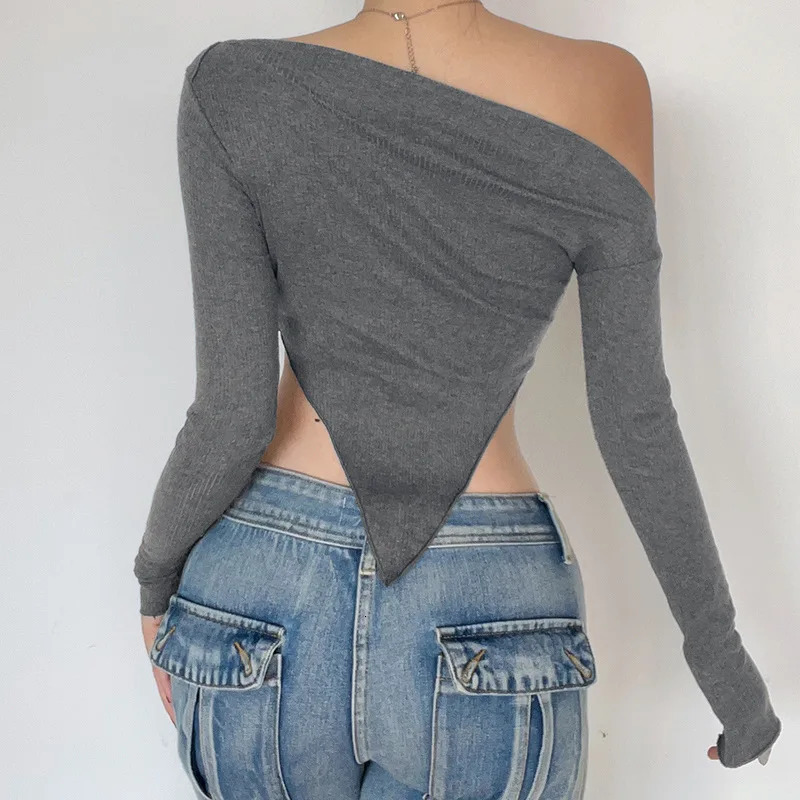 Women Tees Spring Sexy Crop Top Off Shoulder Slim Solid Tshirts Long Sleeves Streetwear Pullover Asymmetrical Tshirts 250729