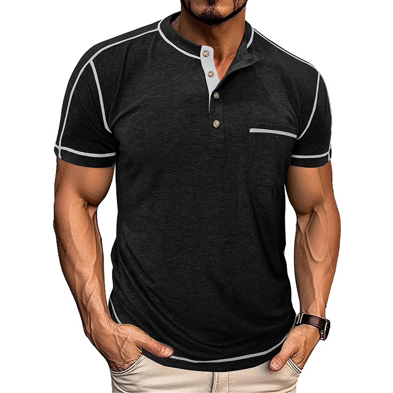 American Style Mens Round Neck Short Sleeve Half Sleeve Henley Base Shirt Top Mens Half Sleeve Fashion Color Block T-Shirt