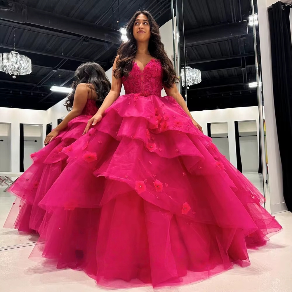 Fuchsia Lace Ball Gown Prom Dresses Tiers Floor Length Evening Gown Floral Applique & Ruffled Tulle for Pageant Parties
