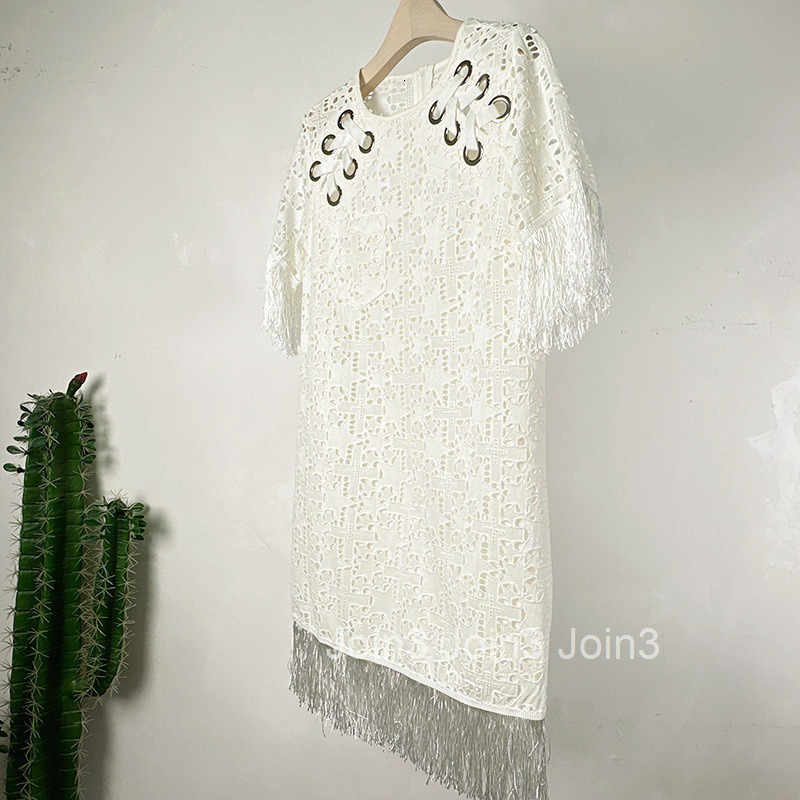 Summer New French Style Round Neck Tassel Loose Waist Hollow Out Simple Short Dress Elegant Short Sleeve Dress