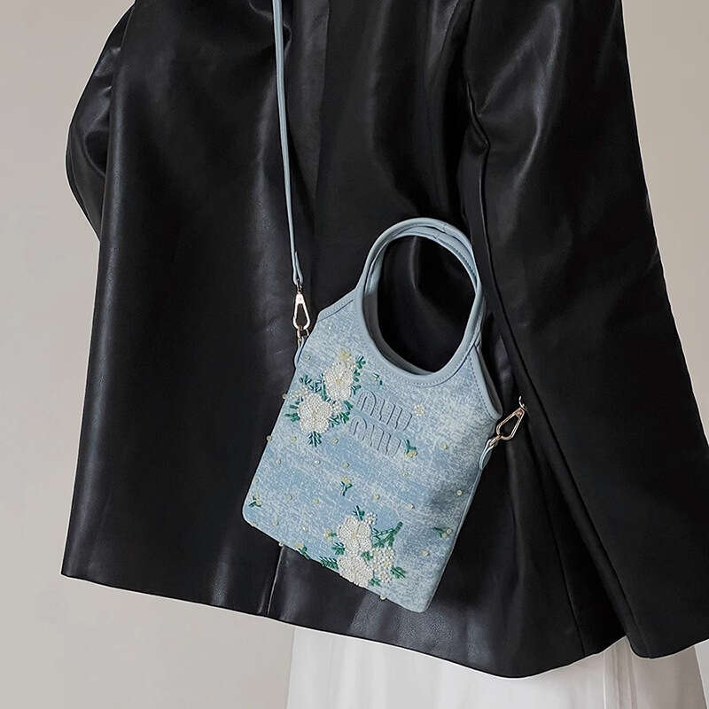Embroidered Denim Tote for Women 2025 New Handbag Fashionable High-end Shoulder Crossbody Bag