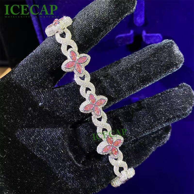 Hot Sale New Design 14MM Sterling Sier Clover Bracelets Iced Out Hip Hop Infinity Colored Moissanite Cuban Bracelet
