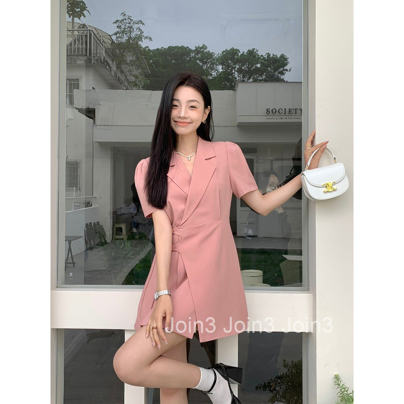 25 Summer New Fashion Elegant Suit Collar Slim Fit Short Sleeve Dress Pleated Short Skirt A-line Skirt