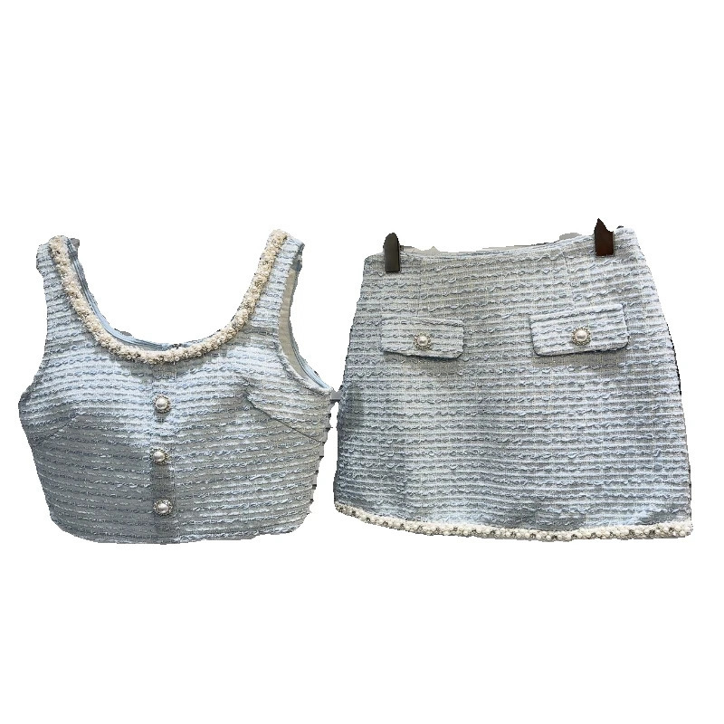Womens Elegant Two Pieces Tweed Pearls Skirt Set Lady High Street Sexy O Neck Sleeveless Crop Tank Top Mini Skirt 250729