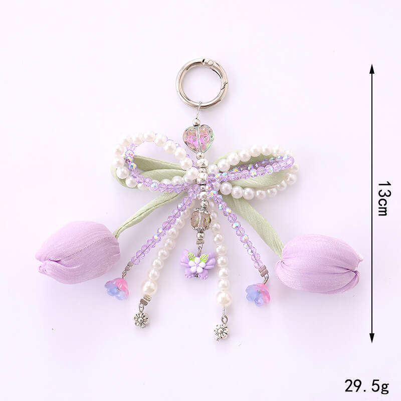 Hot Selling Miu Series Tulip Pearl Bowknot Bag Pendant Fresh Flower Phone Keychain Decoration for Women