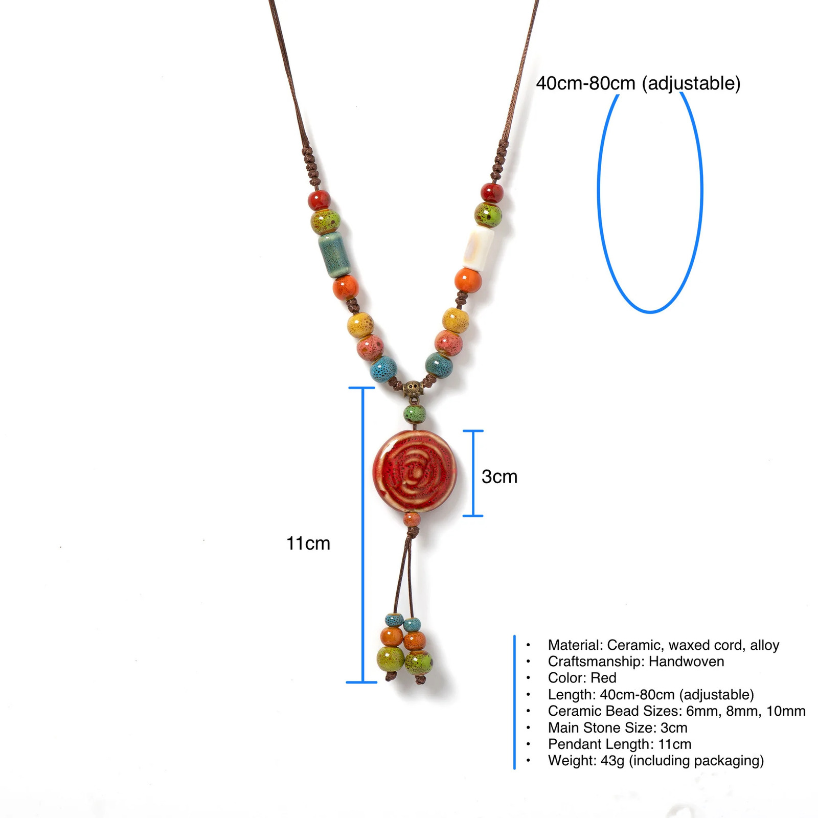 Handmade Red Pattern Ceramic Necklace Adjustable Vintage Pendant Boho Long Necklace Accessories 1107 250729