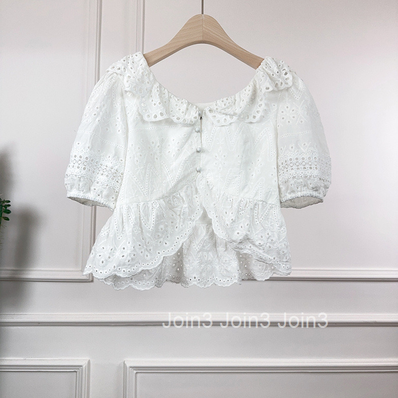 25 Summer New Style Little Fragrance Milk Short Sleeve Shirt Short Women Cream Series Lace Doll Collar Hollow Out Short Sleeve Top Women