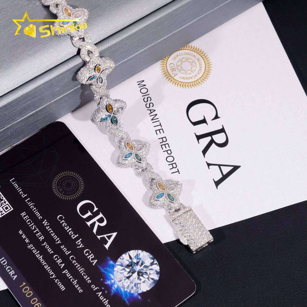 Luxurious Iced-Out Hip-Hop Moissanite Sier Cuban Chain Trendy Colorful Flower Clover Bracelet