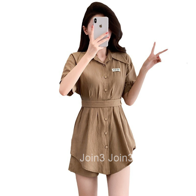 Summer New Plus Size Womens French Style Elegant Youthful Short Sleeve Shirt Dress Top + Shorts Two-Piece Set for Women