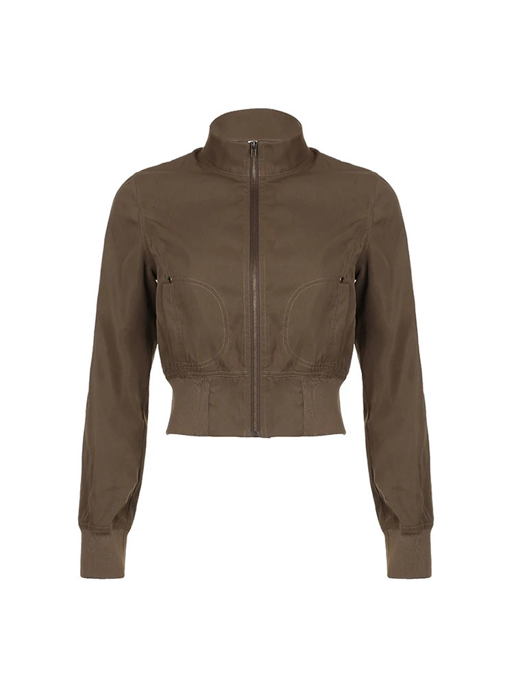 Brown Zip Up Stand Collar Pockets Long Sleeve Cargo Jackets for Women Vintage Casual Streetwear 250729