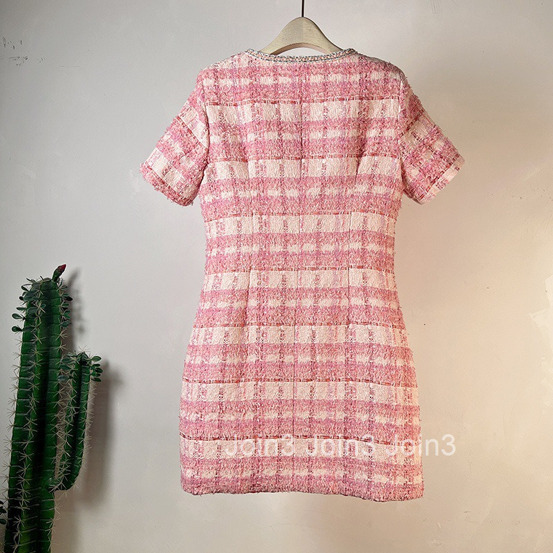 Summer New Slim Fit Elegant Short Sleeve Dress Fashion Single Breasted Round Neck Short Dress Bodycon Dress