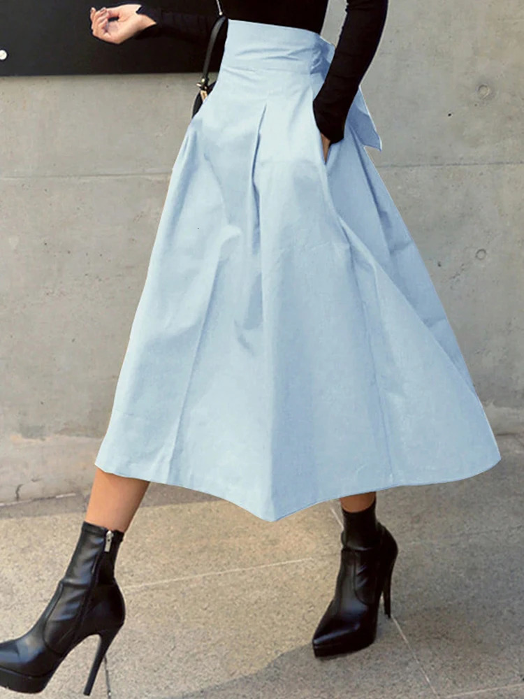 Stylish Solid Aline Skirts for Women Preppy School Style High Elastic Waist Long Skirt with Bow Womens Clothing Skirts 250729