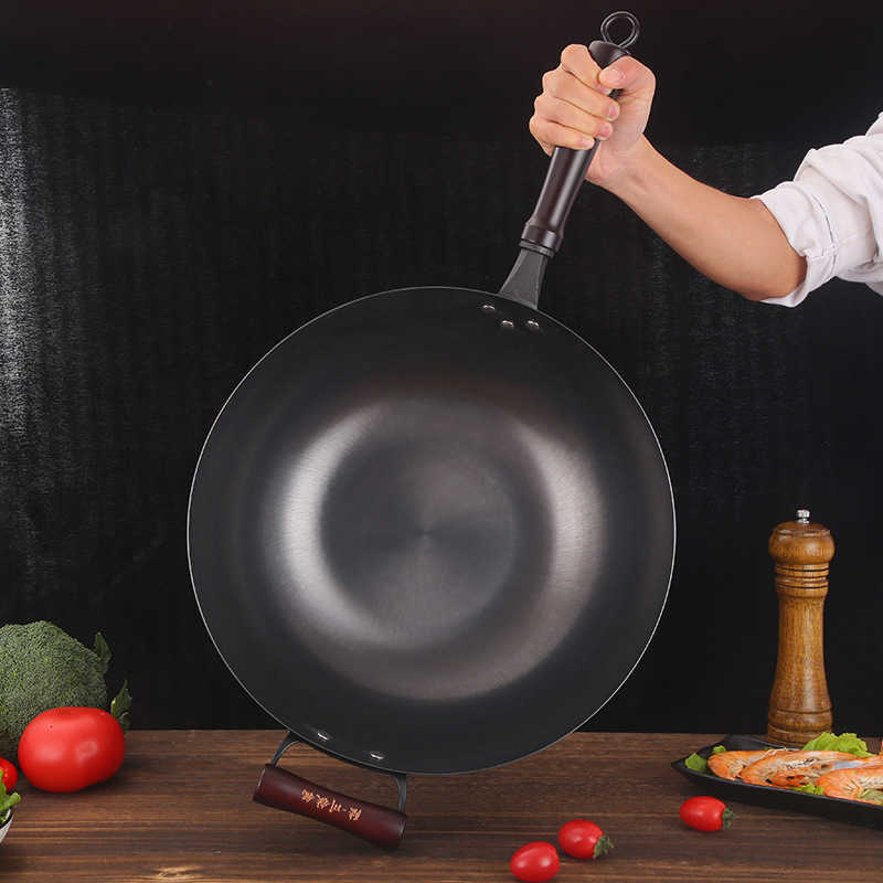 Carbon Steel Wok Pan 14 Round Bottom Traditional Japanese Chinese Stir Fry BBQ Grill Gas Stovetop Compatible Pan Pre-SeasonedC250228