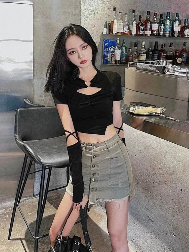 High Street Short Sleeve Tshirt Women Harajuku Summer Hollow Out Slim n Ins Korean Style Above Navel Cropped Top Allmatch 250724