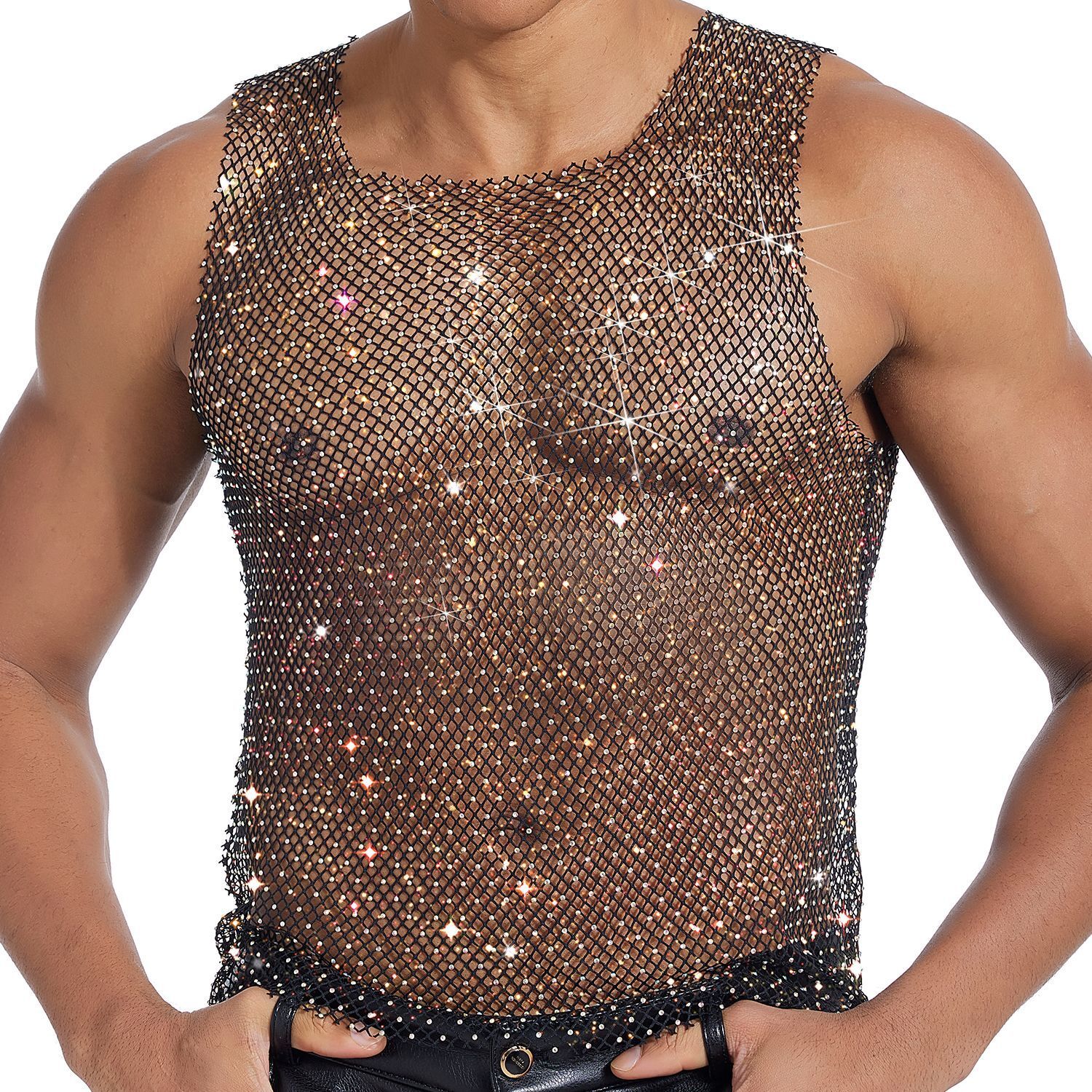 Fashion Mens Mesh Rhinestone T-Shirt Fishnet Rhinestone Party Sheer Blouse Top