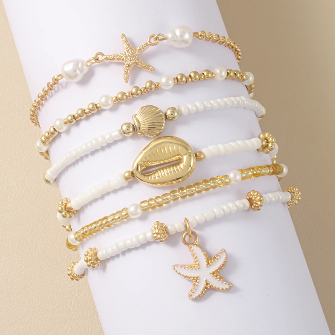 Vintage Seed Bead Stacked Bracelet Set Starfish Shell Embellishment Bracelets Elegant Womens Summer Beach Party Ideal Jewelry 250715