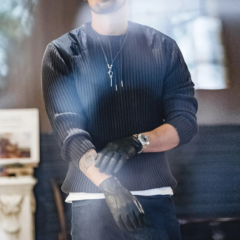 Madene Vertical Stripe Sweater ONeck Slim Fit Mens Retro Knitted Pullover Patch Stitching n Classic Sweaters Men Clothing 250729