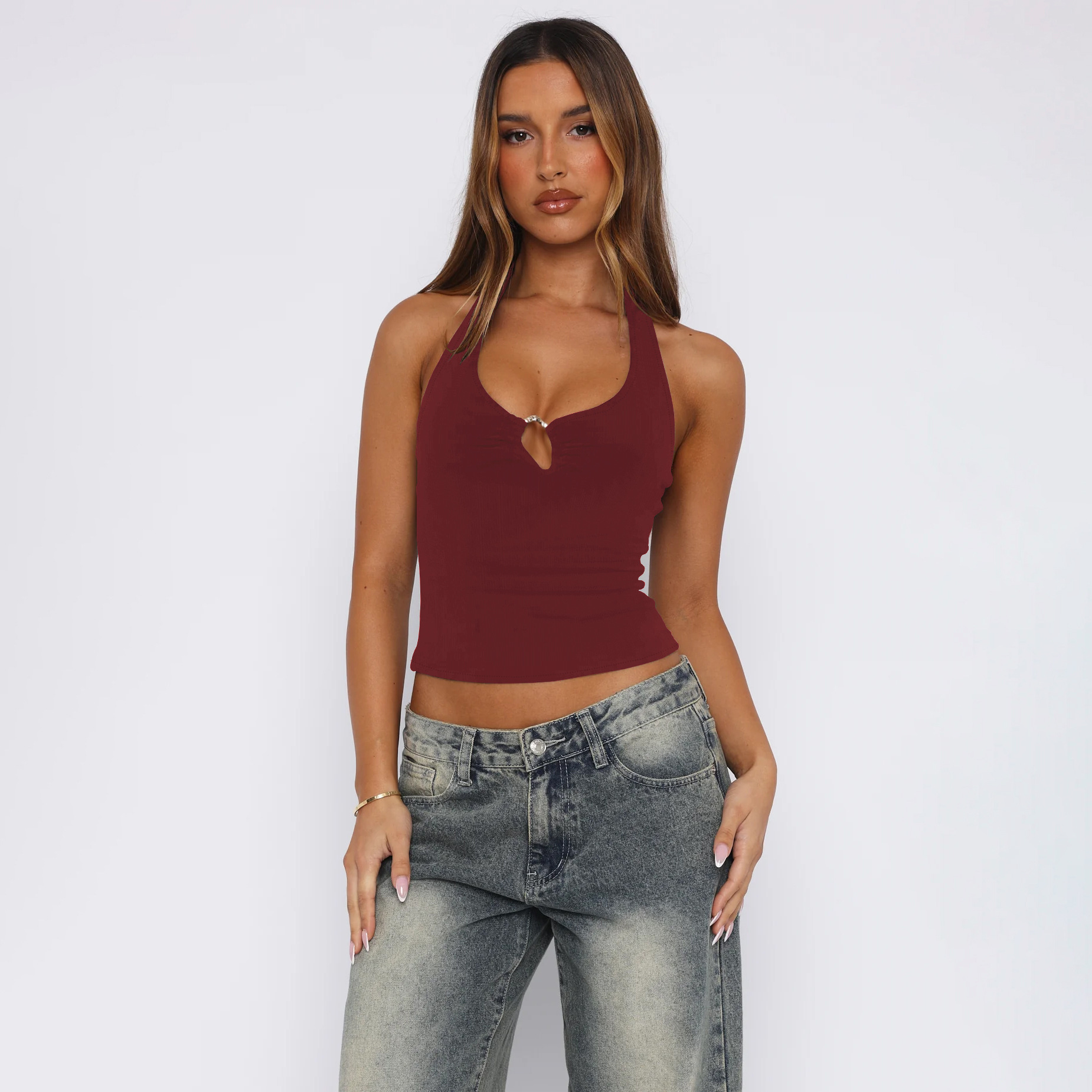 Y2K New Hot Girl Style Metal Buckle Hollow Out Halter Vest Design Sense Slim Fit Backless Sleeveless Top for Women