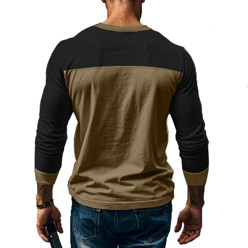 American Style Slim Fit Spring Autumn Commuter Henley Shirt Patchwork T-Shirt Long Sleeve American Casual Base Shirt for Men