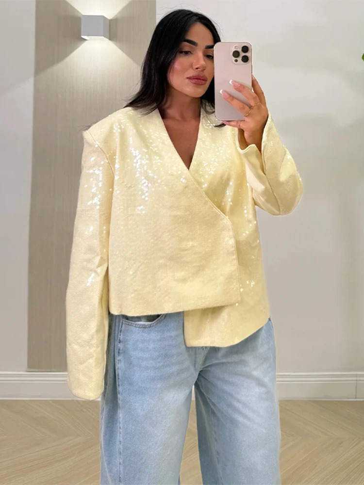Fashion Sequined V Neck Women Suit Jacket Elegant Long Sleeve Oversize Female Coats Autumn Single Button Jackets Street 250729