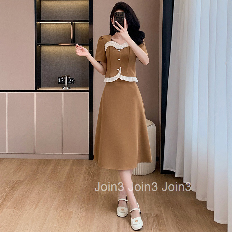 Summer New Sweet Ruffled Plus Size Womens Skirt Set Short Sleeve Top Half-Length Midi Skirt Two-Piece Set