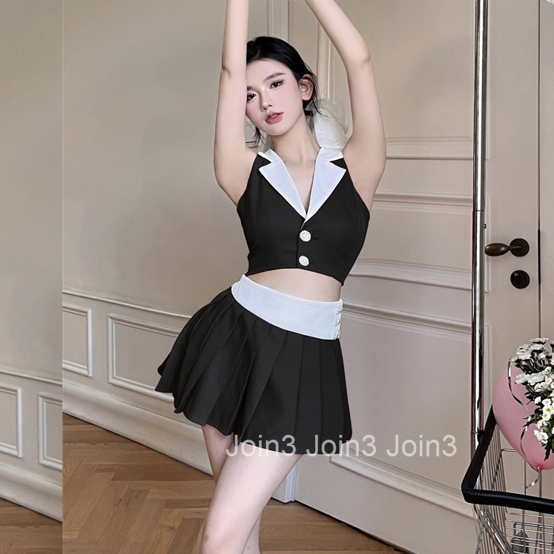 Korean Chic Nightclub Sexy Outfit for Women Summer Fashion Suit Collar Short Top Pleated Skirt Two-Piece Set Internet Celebrity