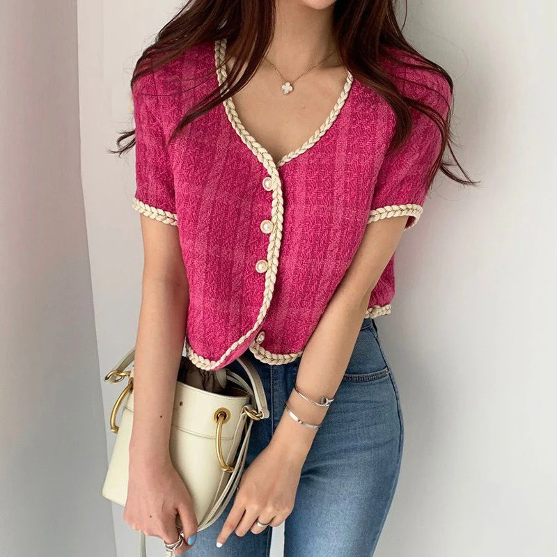 Summer Elegant Retro Short Korean Plaid Tweed Cardigan Women Fashion Sleeved Thin Jacket Female Top 250729