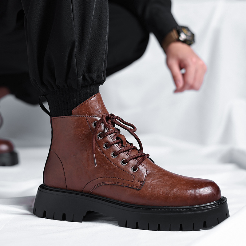 Martin Men New British Style Trendy Versatile Thick-Soled Casual Mid-Top Black Motorcycle Boots 6575-R