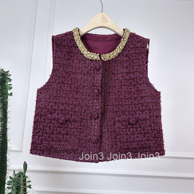 New Heavy Craft Small Fragrance Style Short Vest Womens Top Gentle Fashion Age-Reducing Round Neck Rhinestone Vest Jacket Women