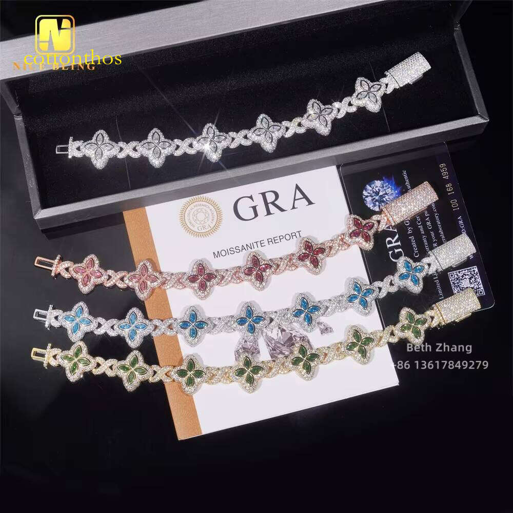 New Arrival Colorful Natural Gemstones Link Fashion Hip Hop Jewelry Sier Marquise Moissanite Cuban Bracelet