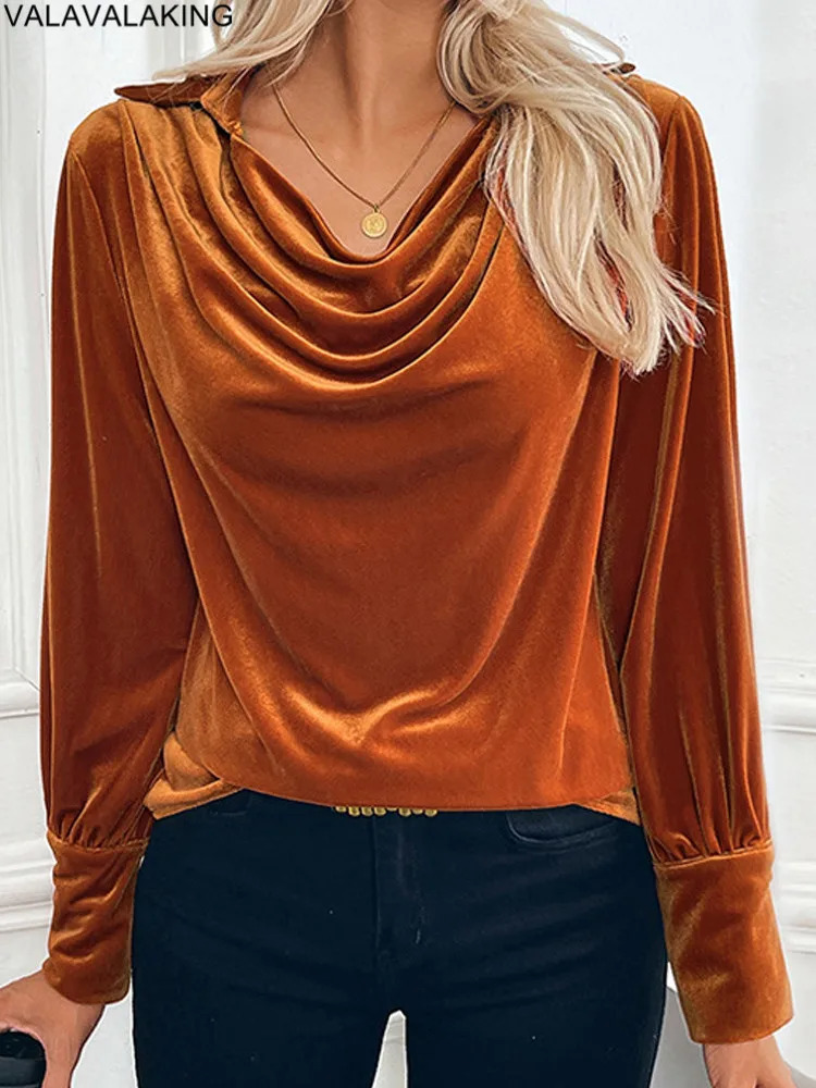 Female Casual Spring Solid Velvet Top Women Long Sleeved Elegant Tshirt Office Lady Autumn Club Pullover Tops Clothes 250729