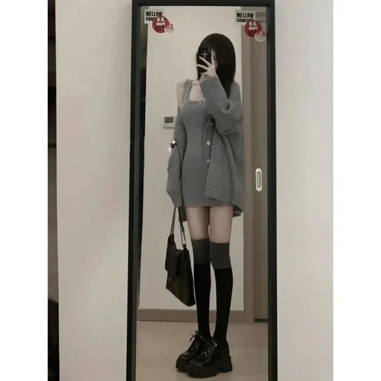 Gray 2 Piece Dress Set Women Casual Long Sleeve Cardigan Bodycon Strap Sweater Evening Party Knitted Suit Autumn 250729