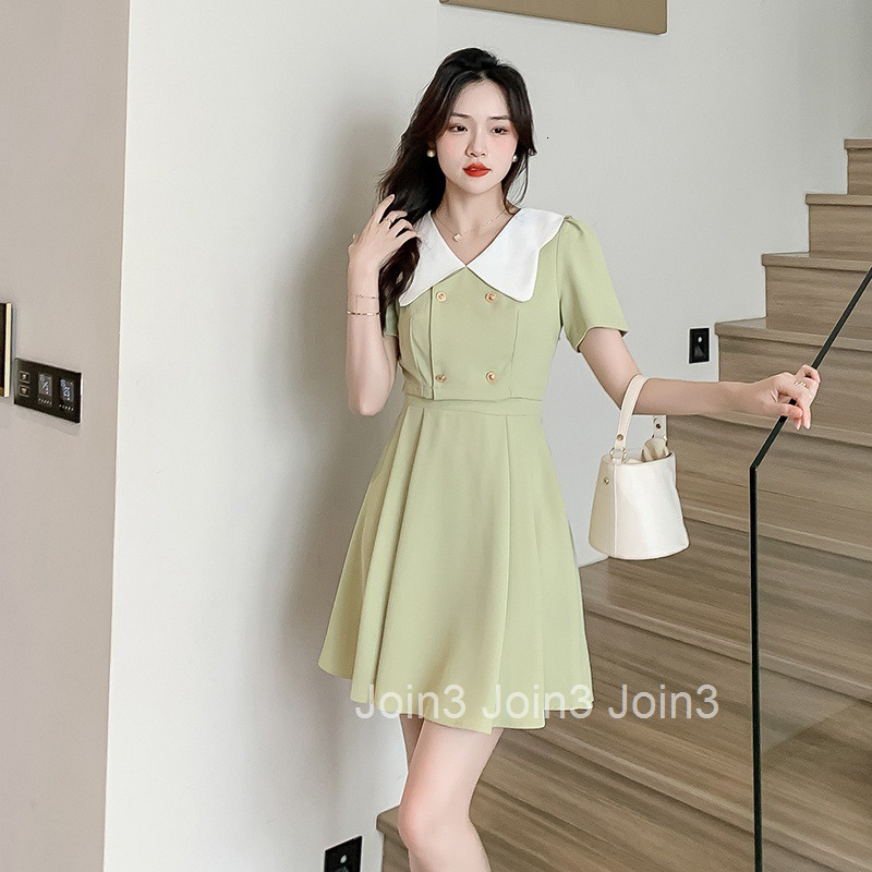 Summer New French Style Double-Breasted Doll Collar High-Waisted Slim Short-Sleeve Dress Midi Skirt